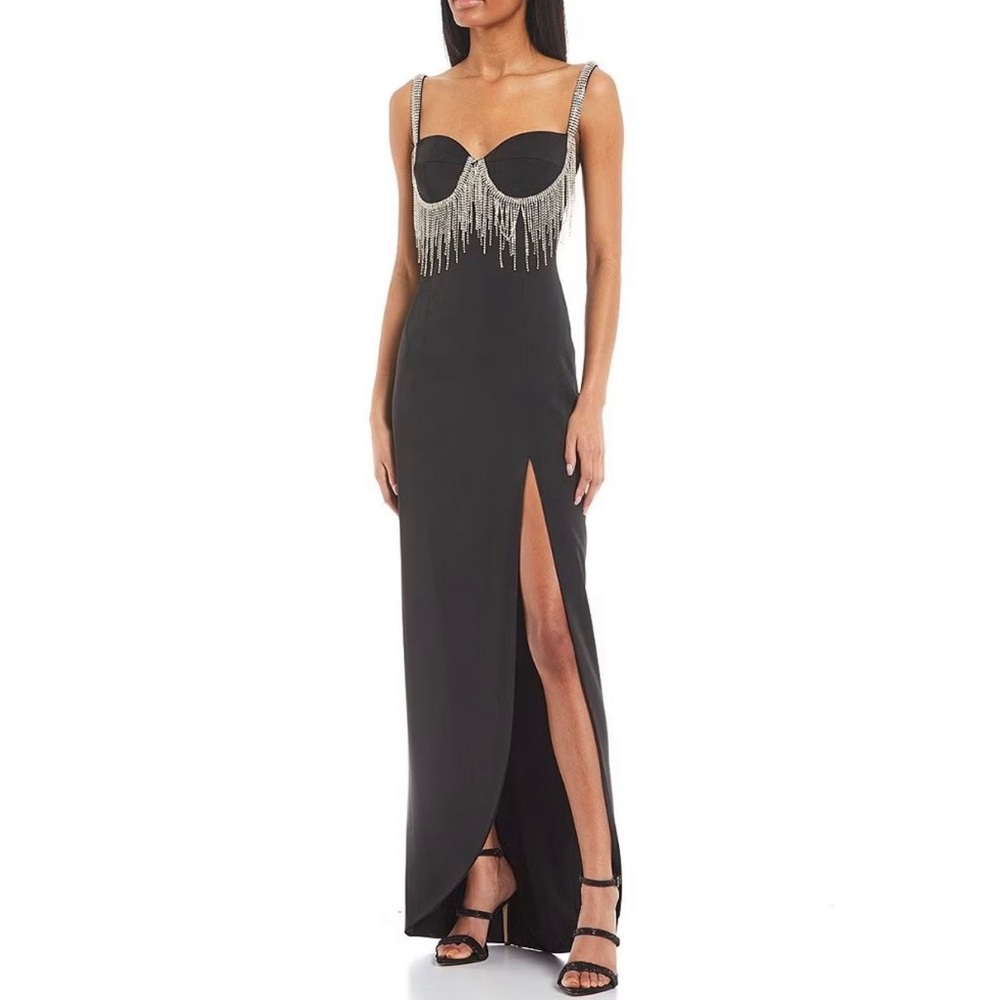 WOMEN’S NWT‎ MARK ZUNINO X GB BLACK BEADED FRINGE FRONT SLIT GOWN SIZE 3